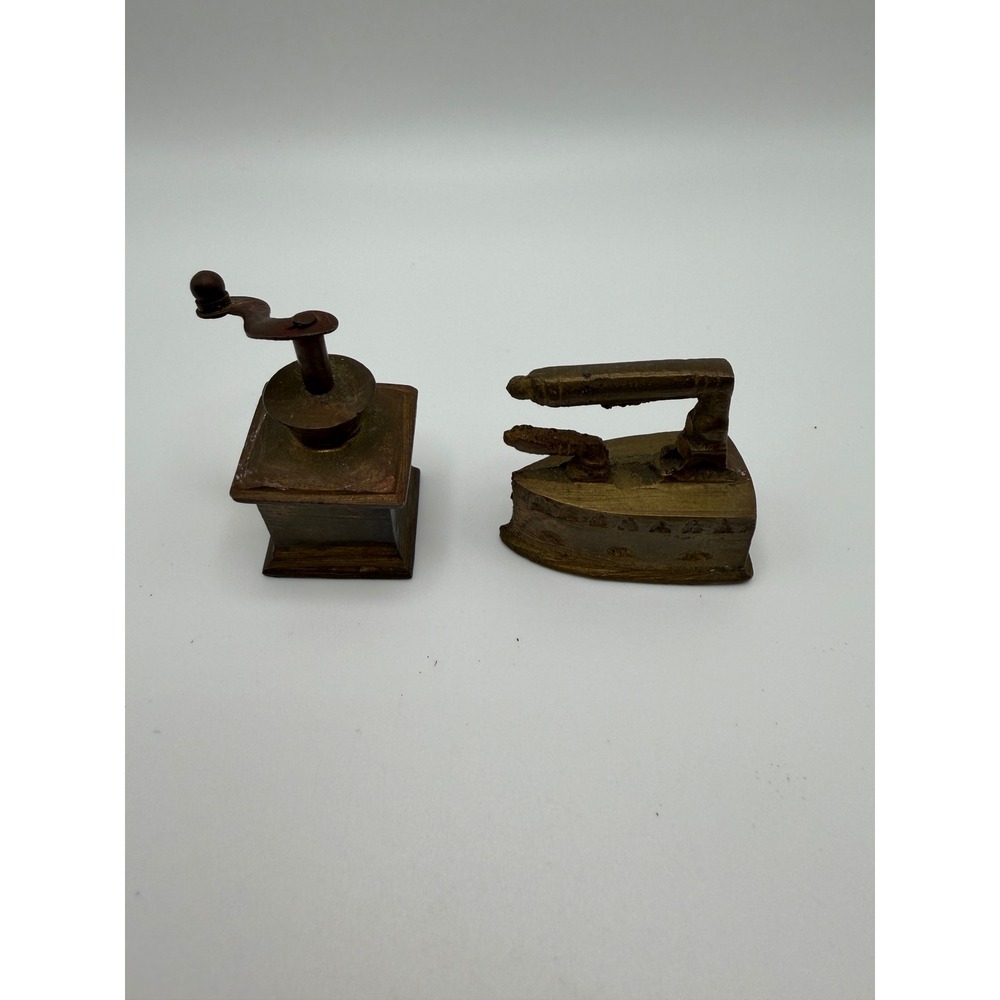 Vintage Miniature Brass Coffee Grinder and Flat Iron Set Antique Style Decor